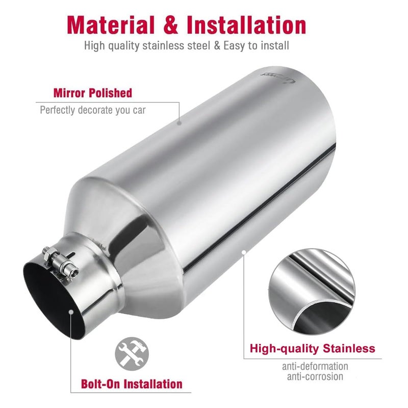 Upower 4" to 8" Exhaust Tip Mirror Polished 4 Inch Inlet 8 Inch Outlet Diesel Exhaust Tailpipe 18" Long 45 Degree Angle Cut Bolt-On Universal for Trucks Pickup Car - Image 5